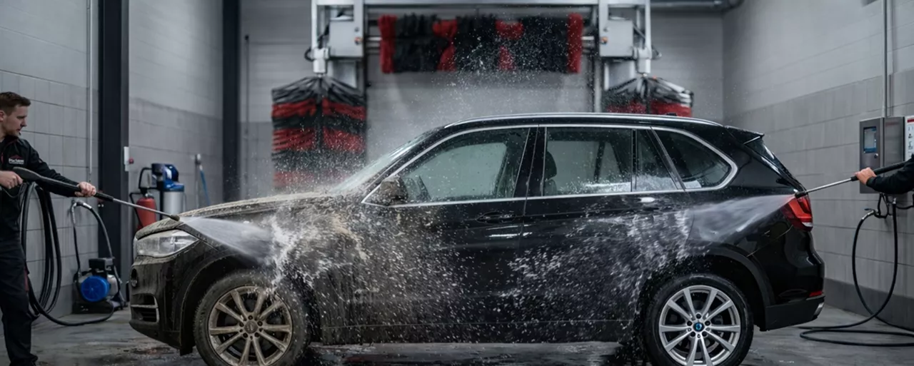 Two men washing a black BMW SUV at a car wash, surrounded by soap and water spray