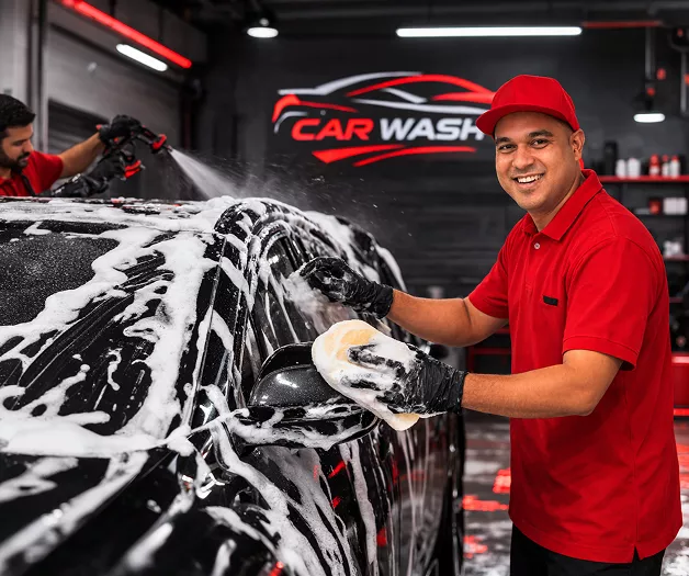  A man in a red shirt is washing a car with a sponge and water, focused on cleaning the vehicle's surface.